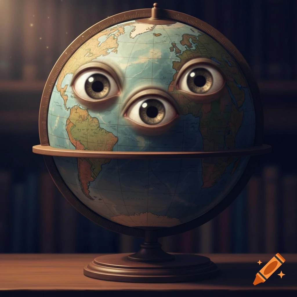 Photorealistic globe with three large eyes on its surface, sitting on a wooden desk with blurred bookshelves in the background.