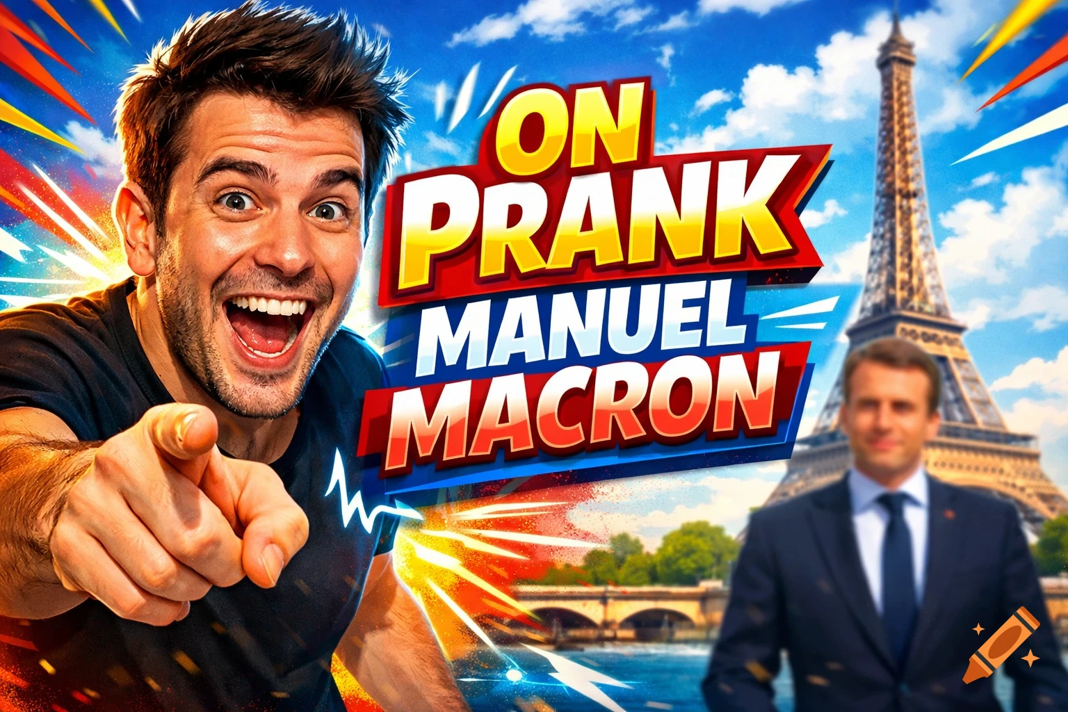 A smiling man points in a vibrant YouTube thumbnail, with text 'ON PRANK MANUEL MACRON', a blurred Emmanuel Macron, and the Eiffel Tower.