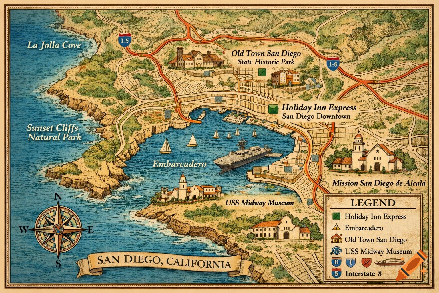 An illustrated vintage-style map of San Diego, California, showing major landmarks like La Jolla Cove, Sunset Cliffs, Embarcadero, Old Town, USS Midway Museum, and Mission San Diego de Alcalá, with Interstate 5 and a compass rose.