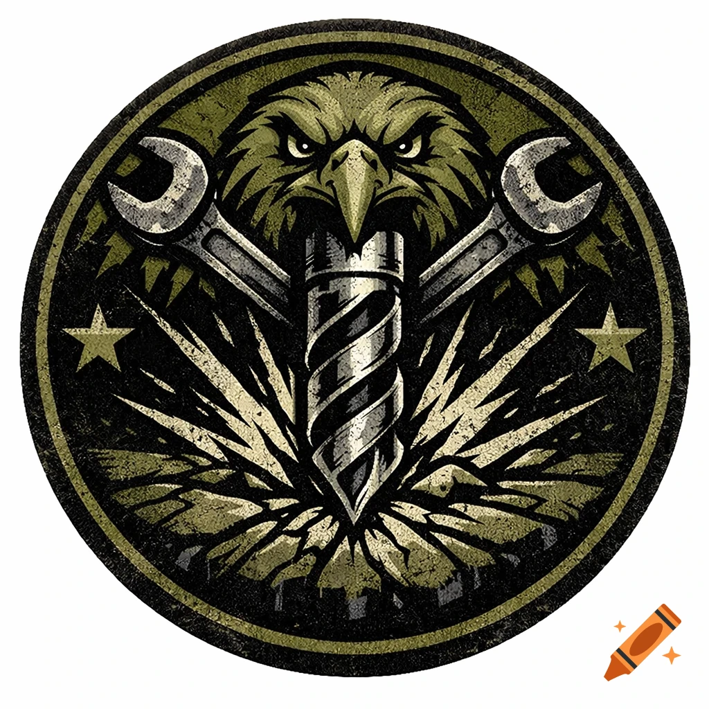 A circular military-style patch featuring an aggressive olive green eagle holding a drill bit, crossed wrenches, and stars, with a distressed texture.