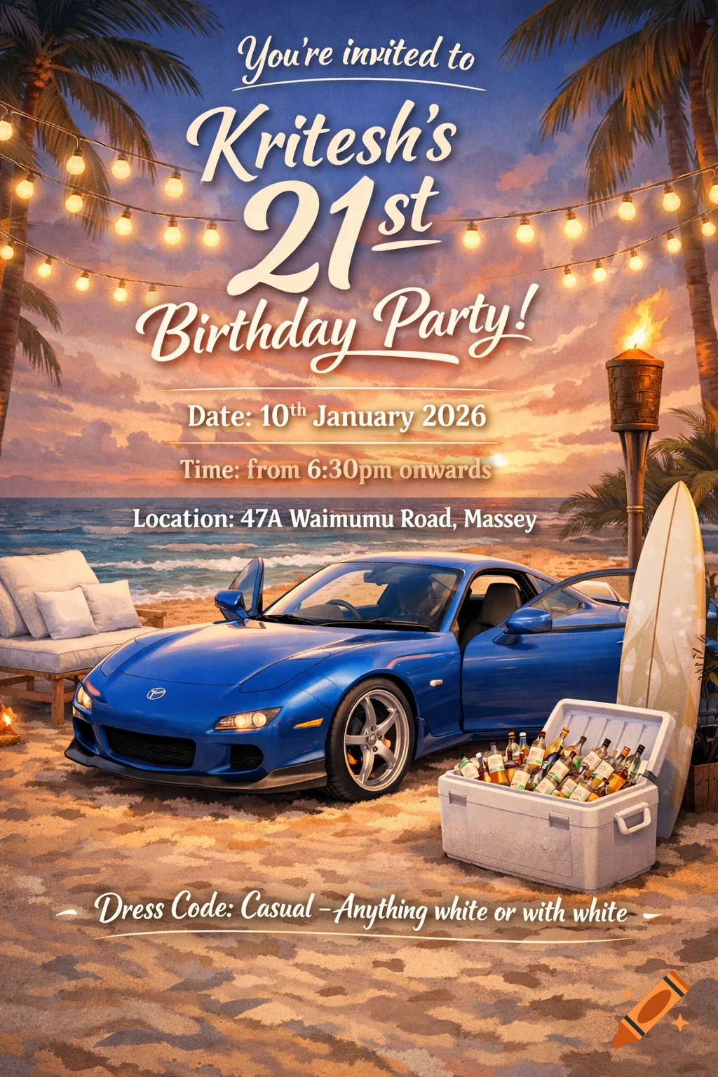 Illustrated invitation for Kritesh's 21st birthday beach party with a blue sports car, a cooler, surfboard, and string lights.