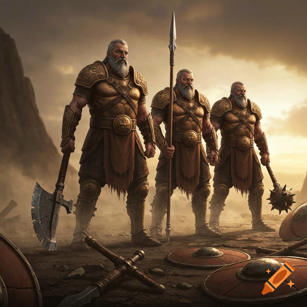 Three ancient warriors in ornate bronze armor wield an axe, spear, and mace on a desolate, rocky battlefield under a dramatic sky.
