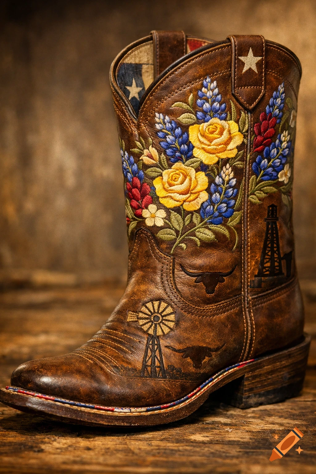 A brown leather cowboy boot featuring colorful floral embroidery, a windmill, a longhorn, an oil rig, and a Texas flag lining.