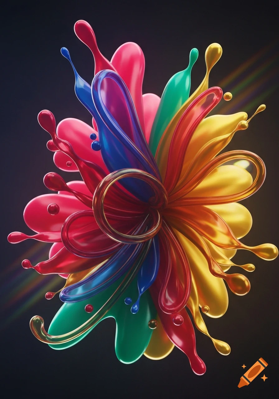 A vibrant 3D abstract artwork. Glossy red, blue, green, and yellow liquid splashes converge to form a colorful, flower-like shape on a dark background.