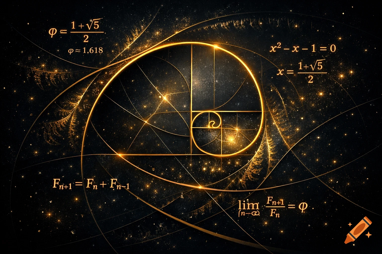 A glowing golden ratio spiral and mathematical equations against a dark, star-filled deep space background.