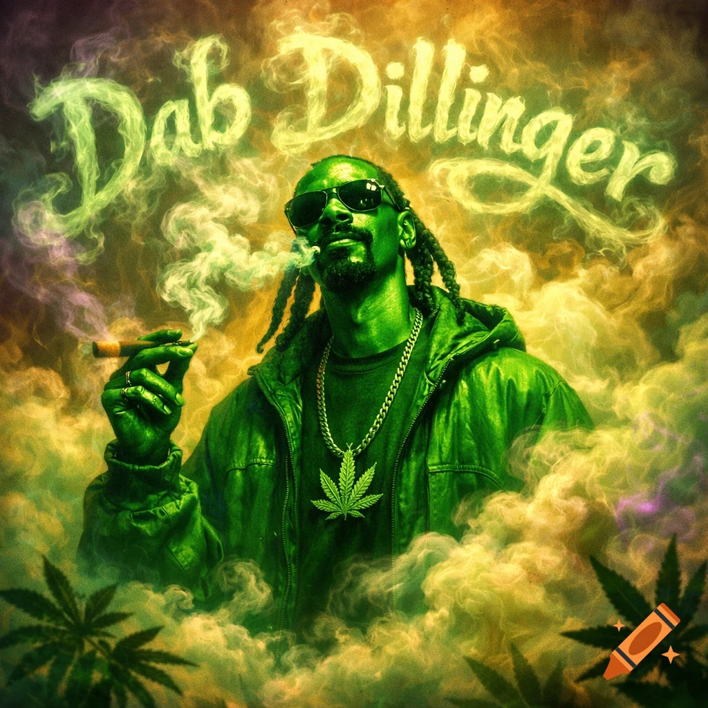A green-tinted man resembling Snoop Dogg, smoking a blunt amidst green smoke and cannabis leaves. Text reads 'Dab Dillinger'.