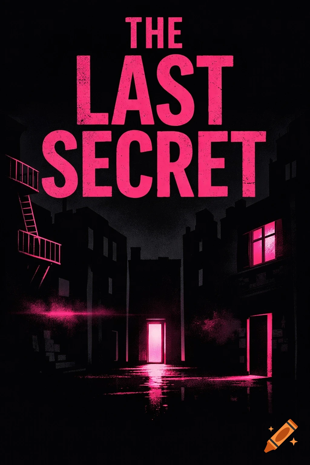 Book cover for 'The Last Secret' with glowing pink title over a dark, mysterious urban alley with pink illuminated doors and windows.