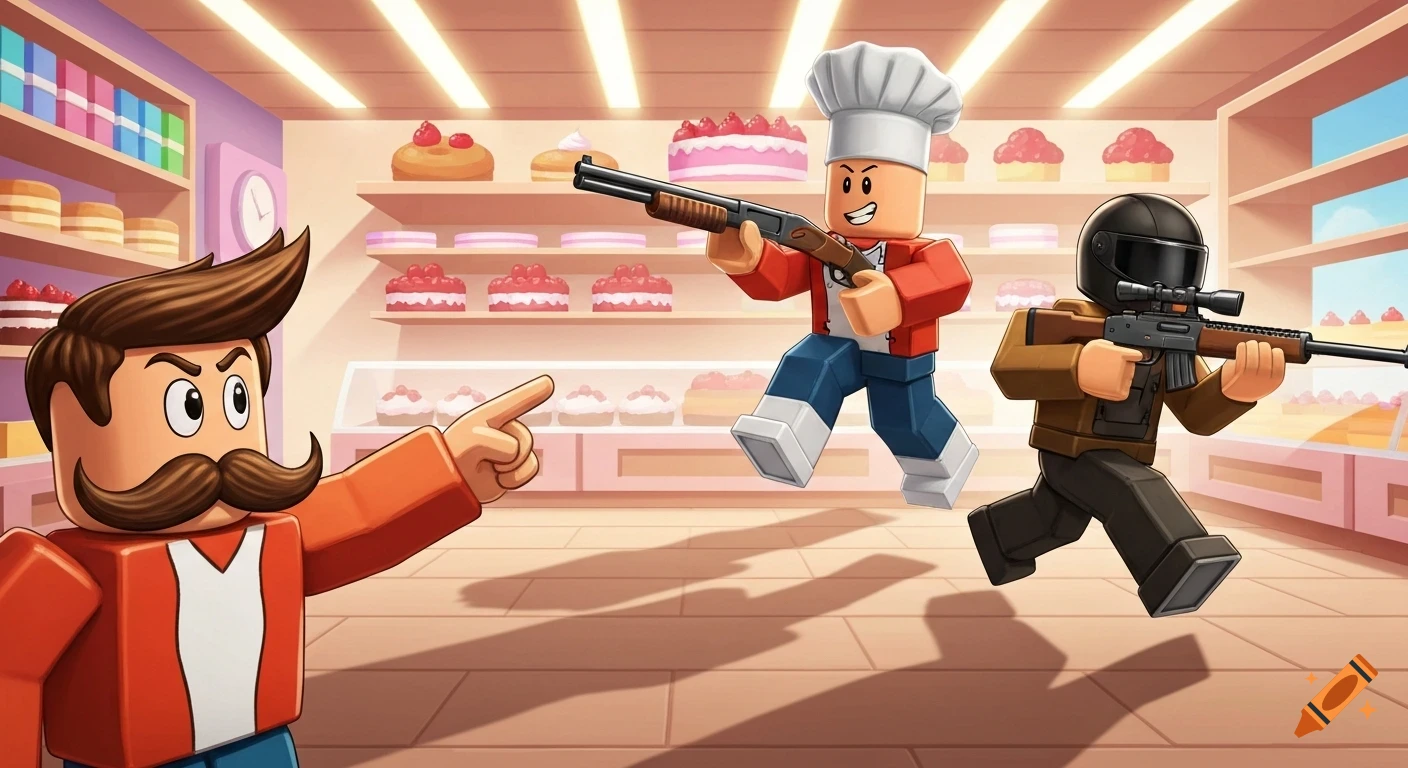 Three Roblox characters: one with a mustache points, a chef with a shotgun, and a helmeted figure with a sniper rifle run through a bakery.