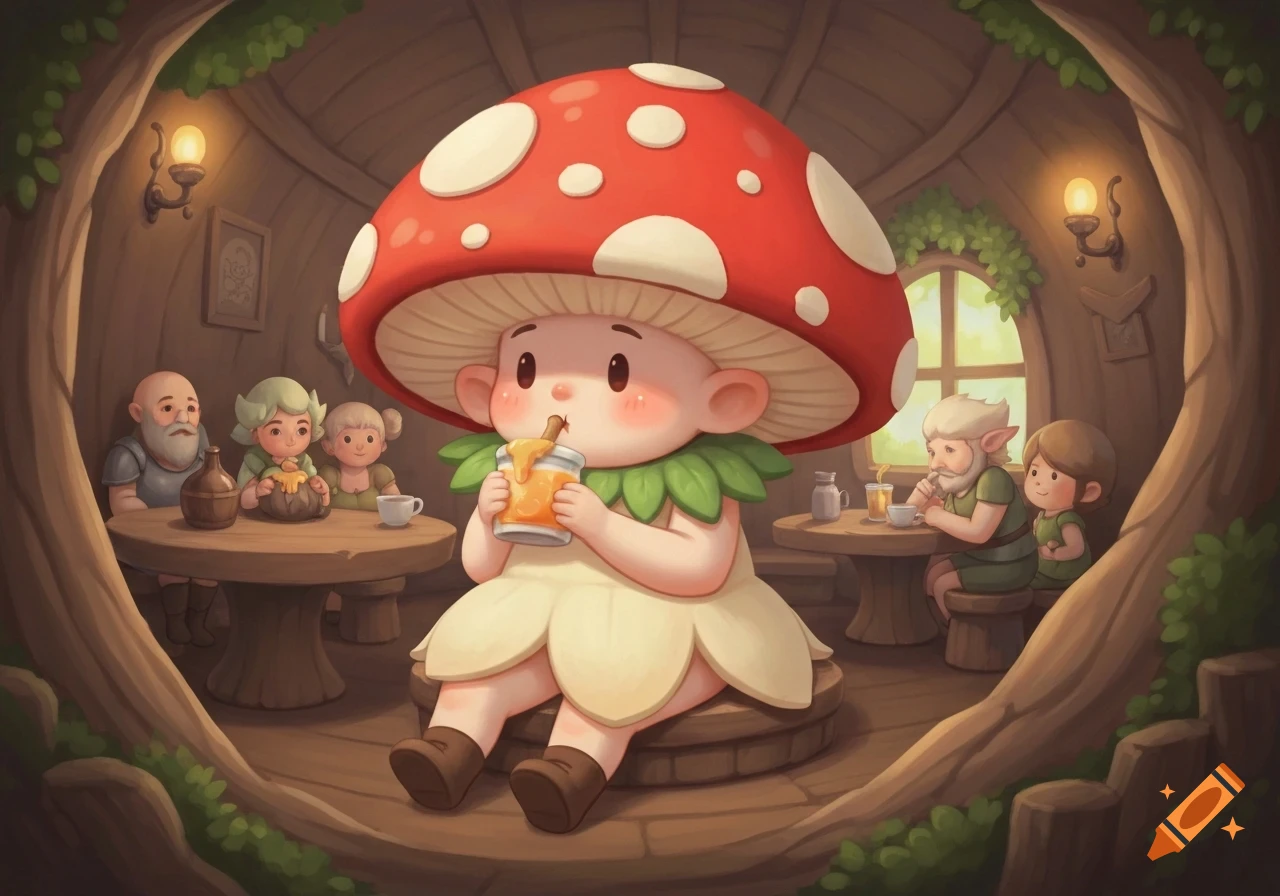 A cute chibi mushroom character drinks honey in a whimsical tree tavern, surrounded by other fantasy patrons, in a storybook style.