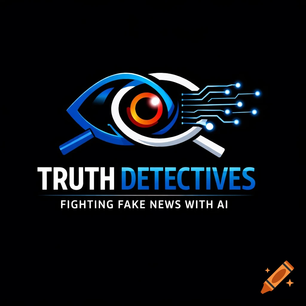 A logo with a blue eye and magnifying glass connected to circuit lines, above text 'TRUTH DETECTIVES FIGHTING FAKE NEWS WITH AI'.