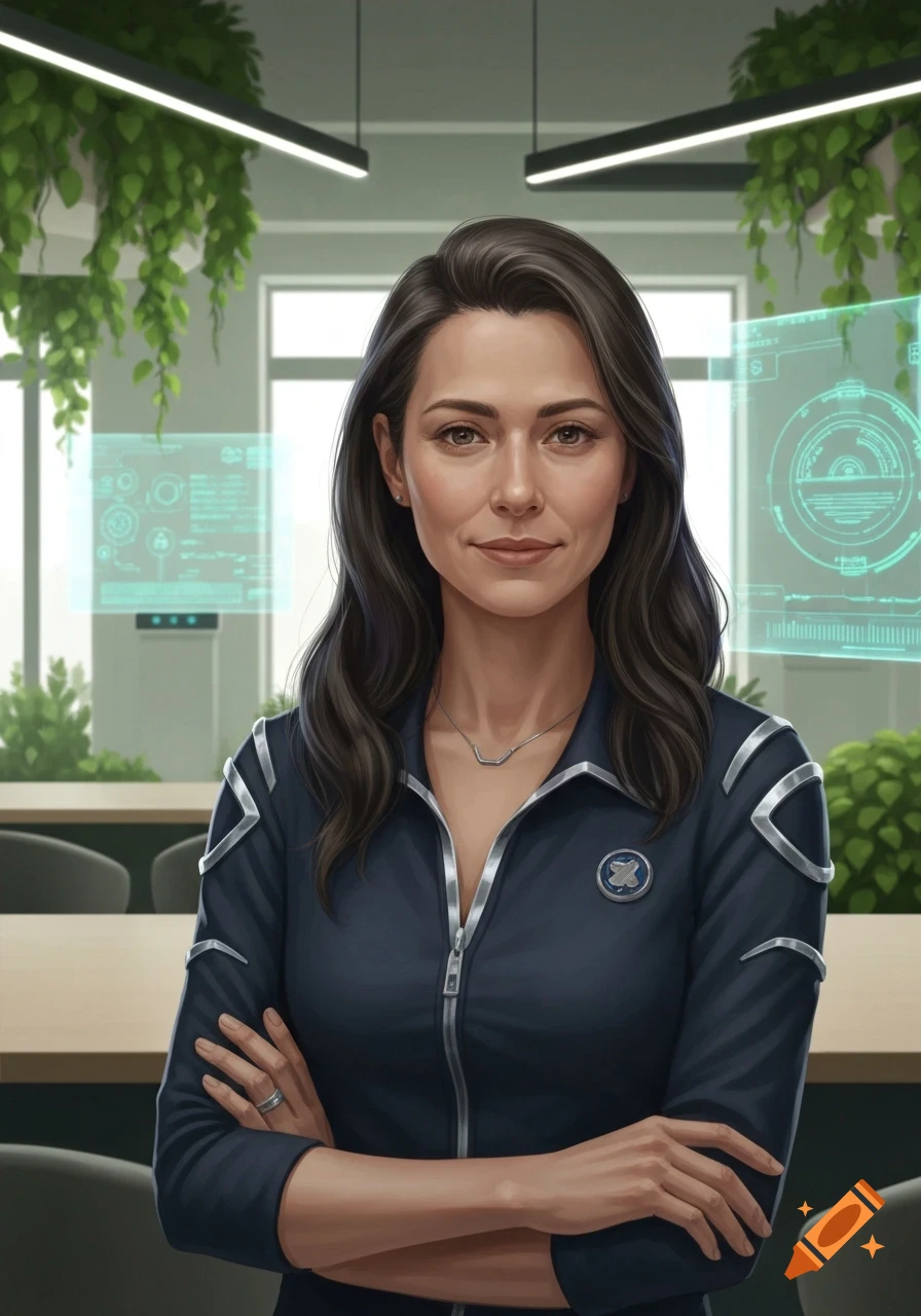 A confident woman in a dark blue futuristic uniform stands with crossed arms in a modern office with holographic displays.