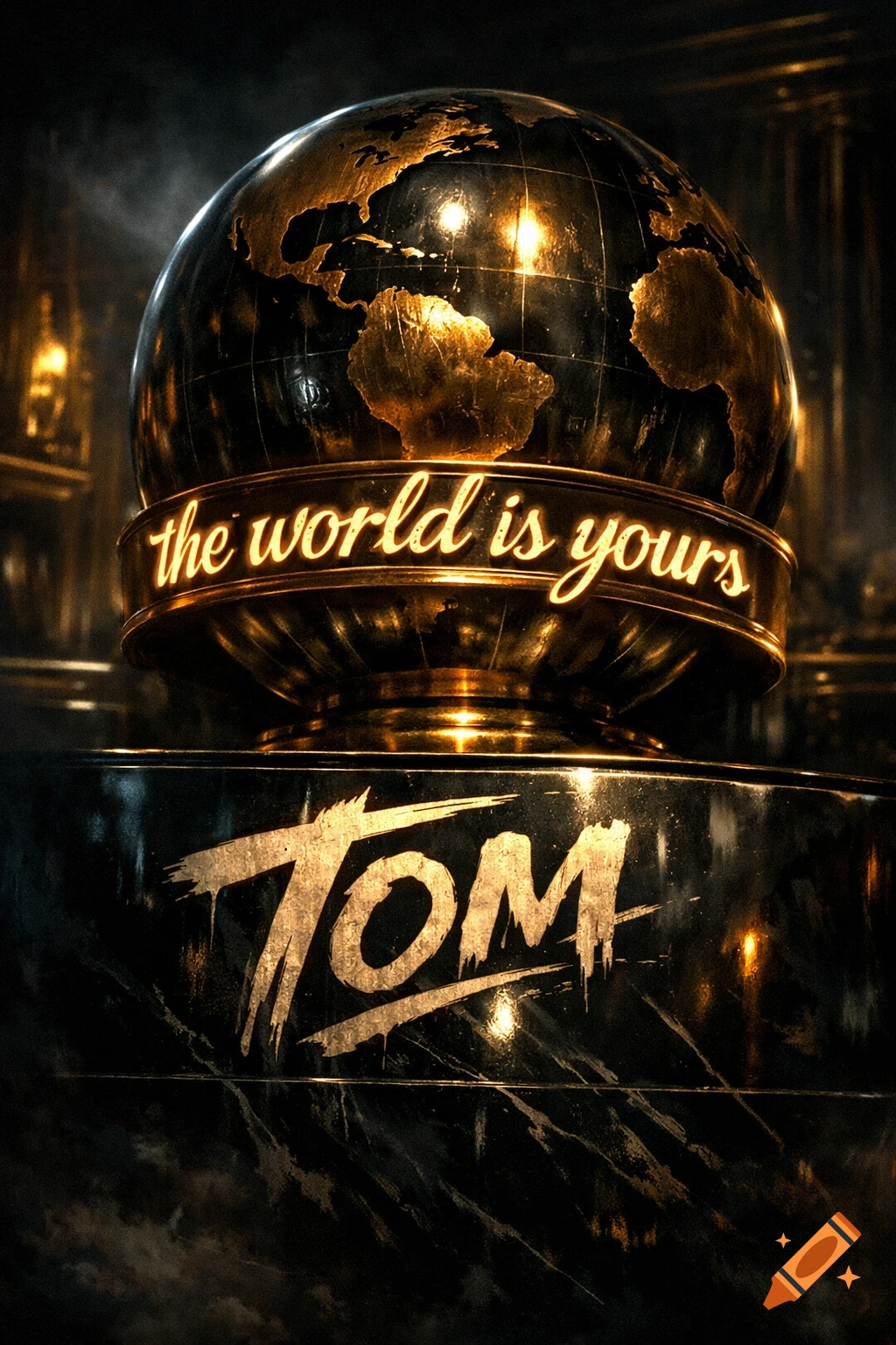 Dramatic golden and black globe trophy with 'the world is yours' inscribed, and 'TOM' in stylized font on the base.