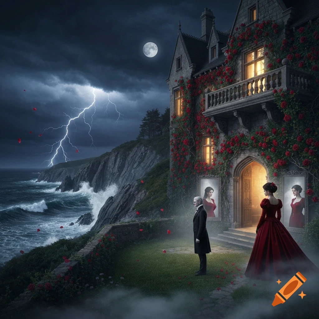 A gothic mansion with red roses on a cliff by a stormy ocean. A man and a translucent woman stand in the garden; lightning strikes.