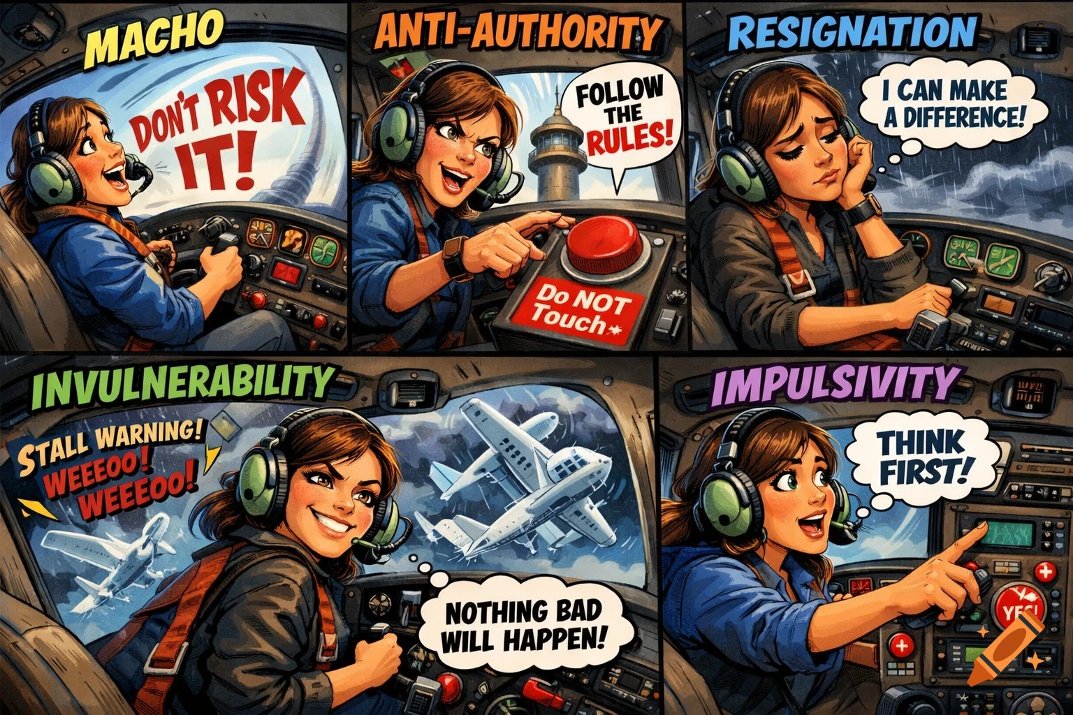 A colorful comic strip shows a female pilot in a cockpit illustrating five hazardous attitudes: Macho, Anti-Authority, Resignation, Invulnerability, and Impulsivity, with corresponding text and expressions.