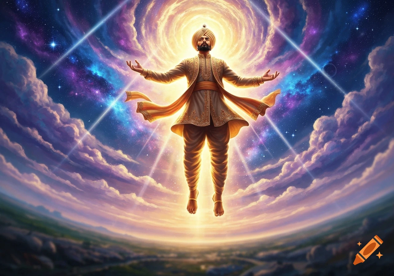 A Punjabi man in traditional attire and turban floats upwards with outstretched arms, surrounded by swirling golden clouds and a vibrant cosmic sky.