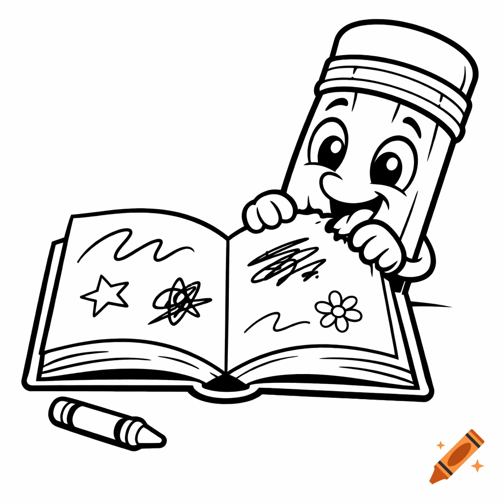 A cheerful black and white cartoon pencil character playfully biting an open book filled with scribbles, with a crayon lying nearby.
