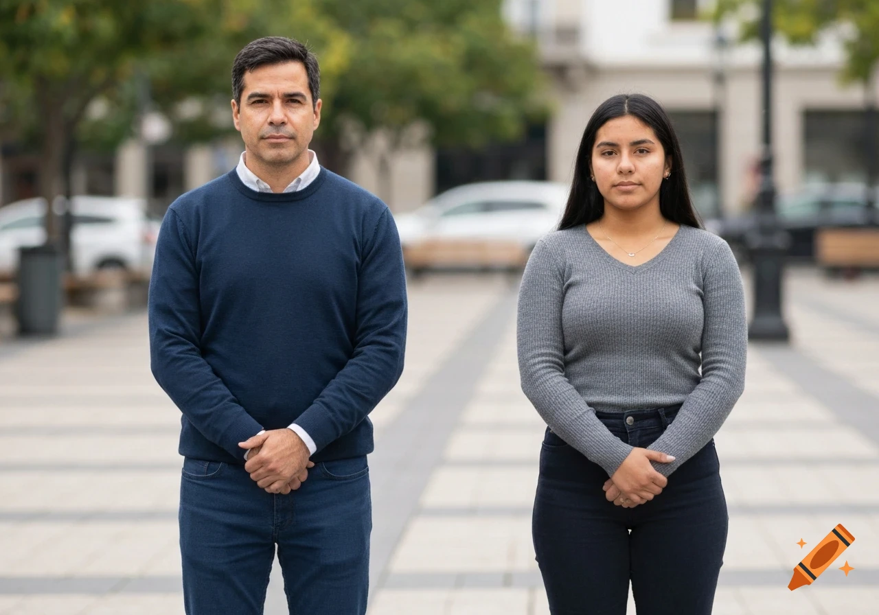 A photorealistic image of a man and a woman standing side-by-side in a public plaza with neutral expressions.