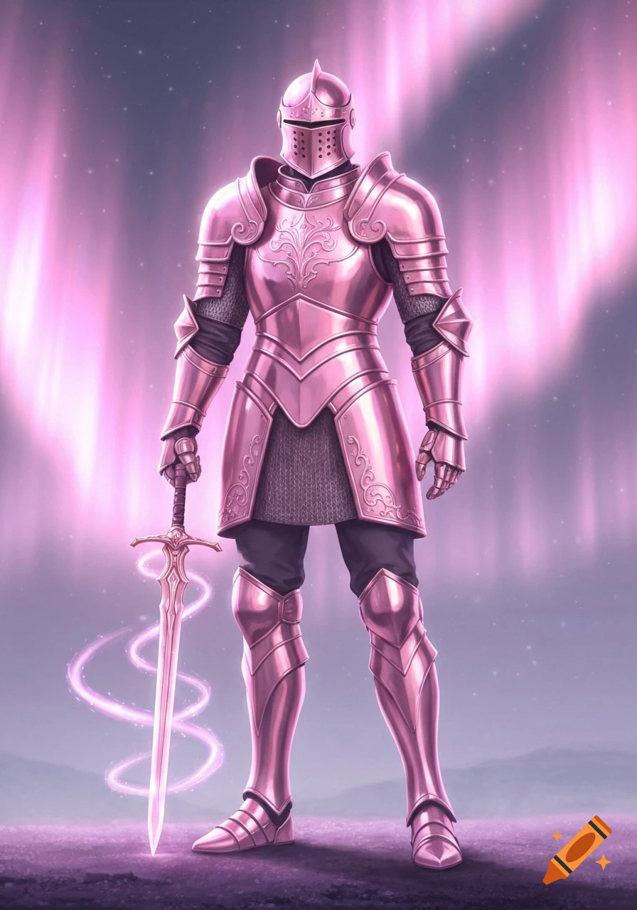 A knight in shiny pink full plate armor stands holding a glowing pink sword, surrounded by pink aurora-like light.