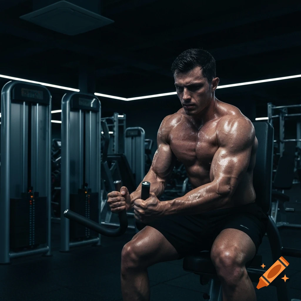 Muscular male athlete training intensely at a modern, dark gym with dramatic lighting, visible sweat on skin, cinematic photorealistic style.