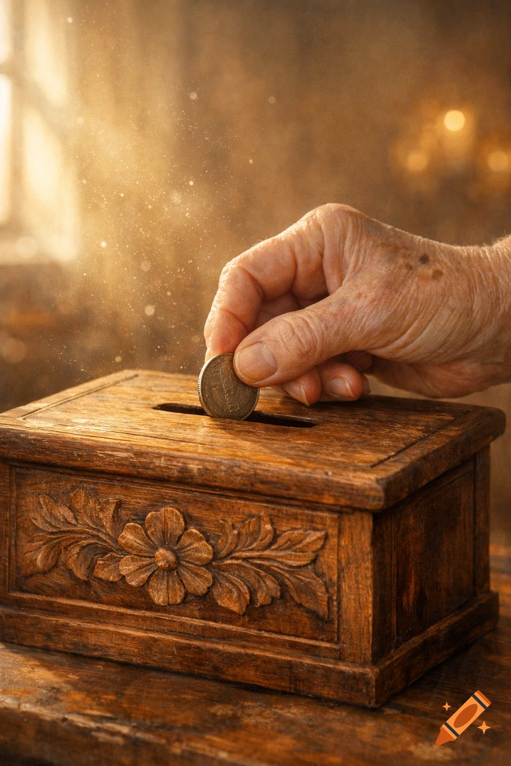 An older hand drops a coin into a carved wooden donation box, bathed in warm, dusty light. Photorealistic.