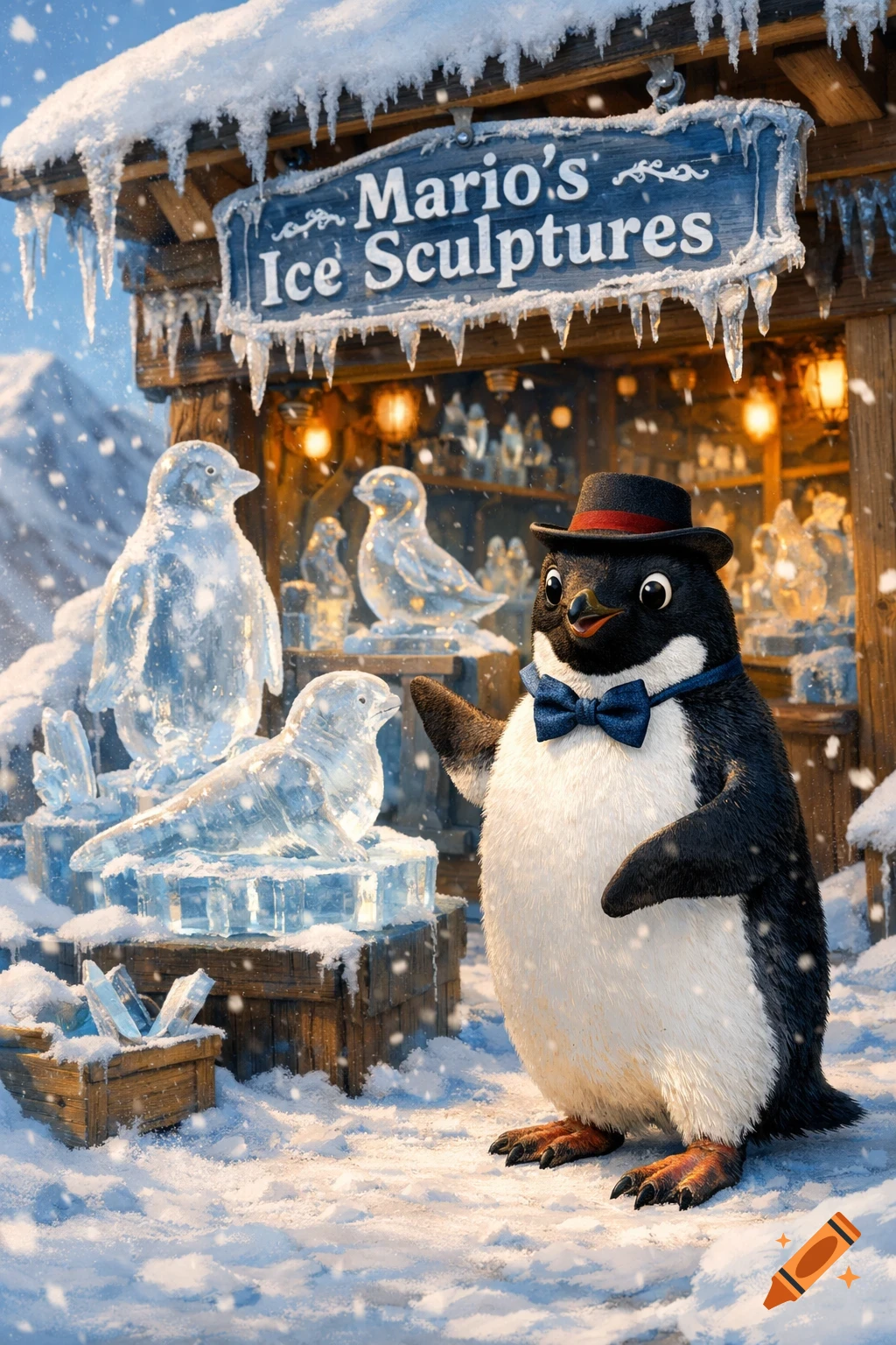 A dapper adelie penguin in a top hat and bow tie stands outside 'Mario's Ice Sculptures' shop, surrounded by snow and ice art.