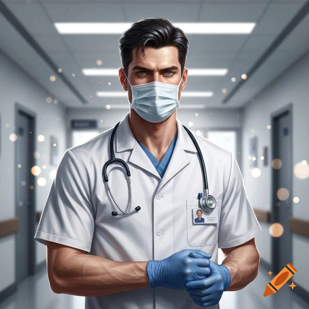 A determined male doctor with dark hair and light eyes, wearing a medical mask, blue gloves, white coat, and stethoscope, stands in a hospital hallway.