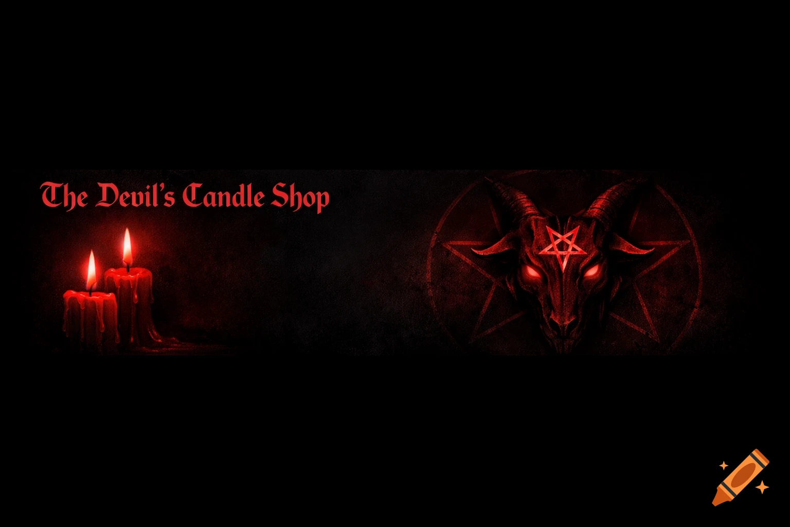 Dark fantasy banner with red lit candles, 'The Devil's Candle Shop' text, and a glowing red goat head symbol with a pentagram.