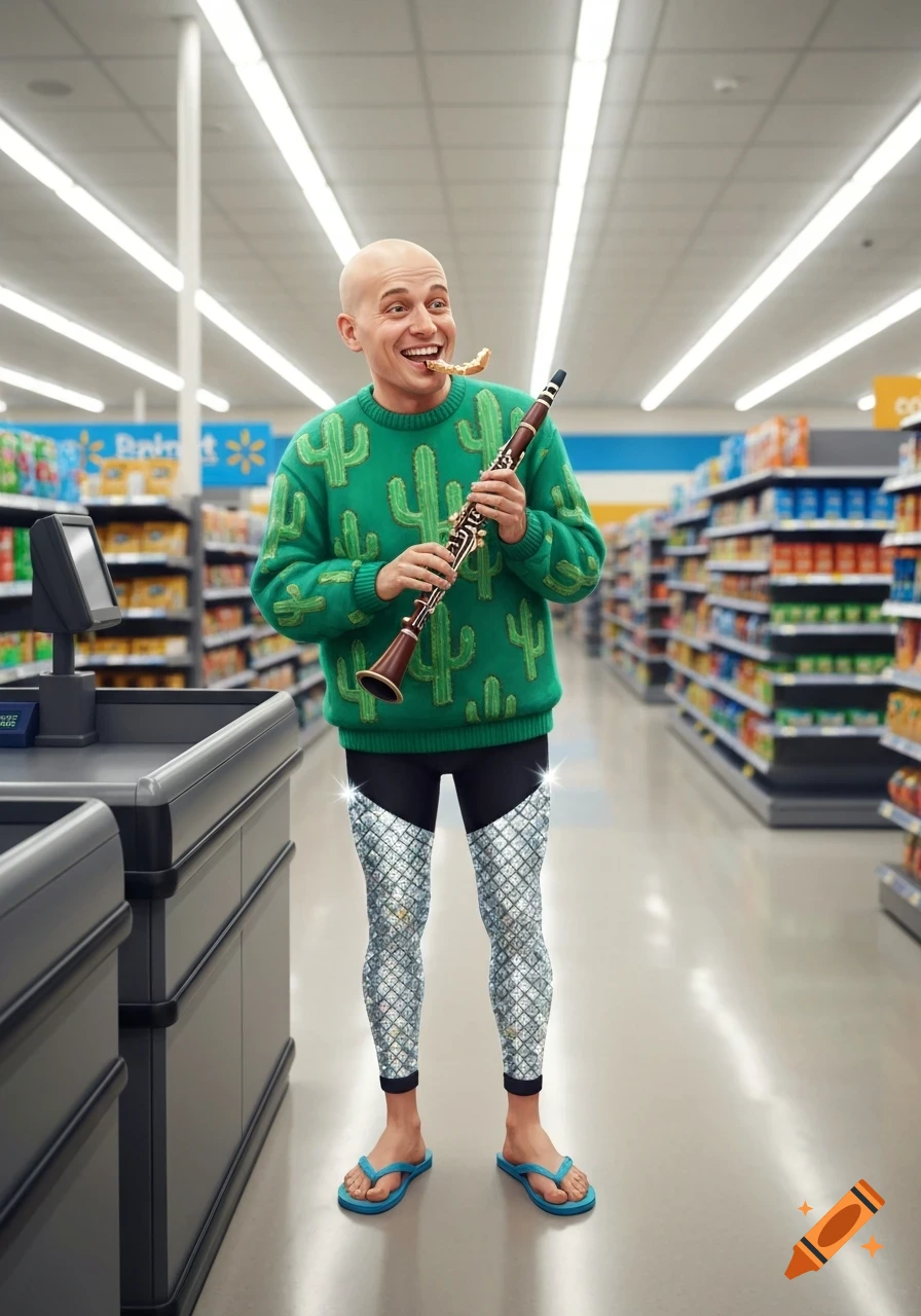 A bald man in a cactus sweater, shiny leggings, and flip-flops grins while holding a clarinet in a Walmart aisle.