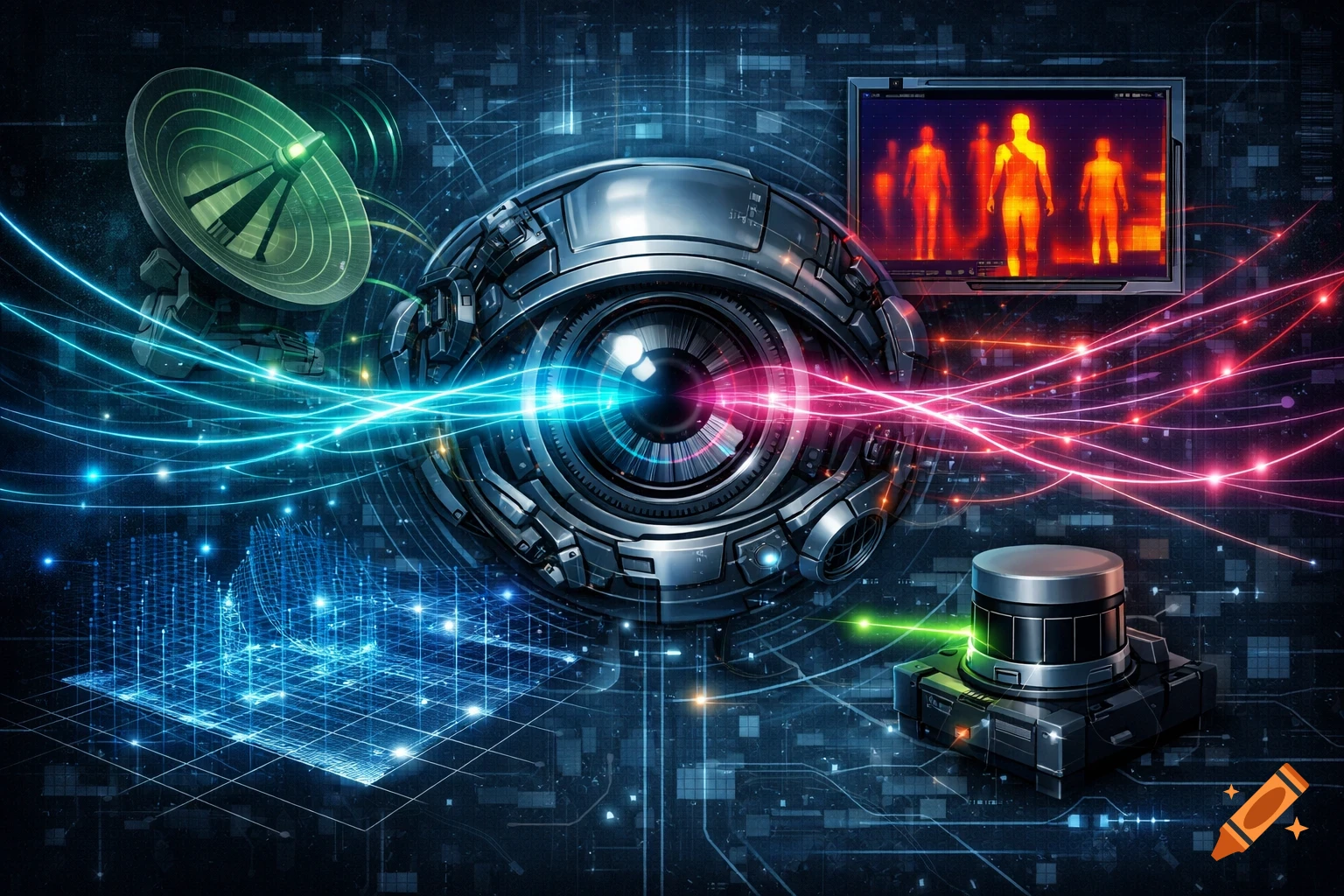 Central mechanical eye with glowing data streams, satellite, thermal screen, and sensor on a dark, futuristic tech background.