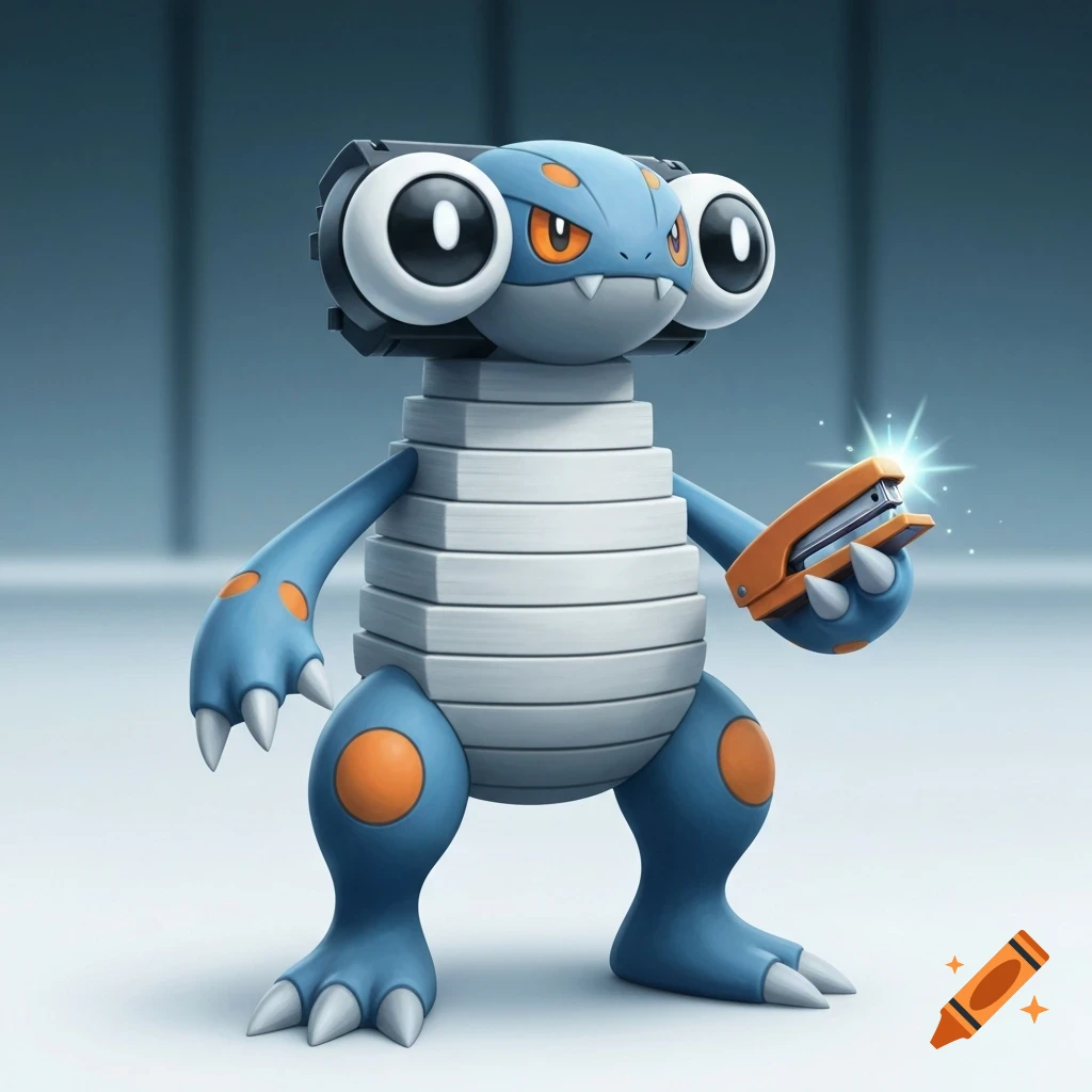 A blue and white creature resembling a Pokémon, with large eyes and a segmented body, holding a glowing orange stapler.