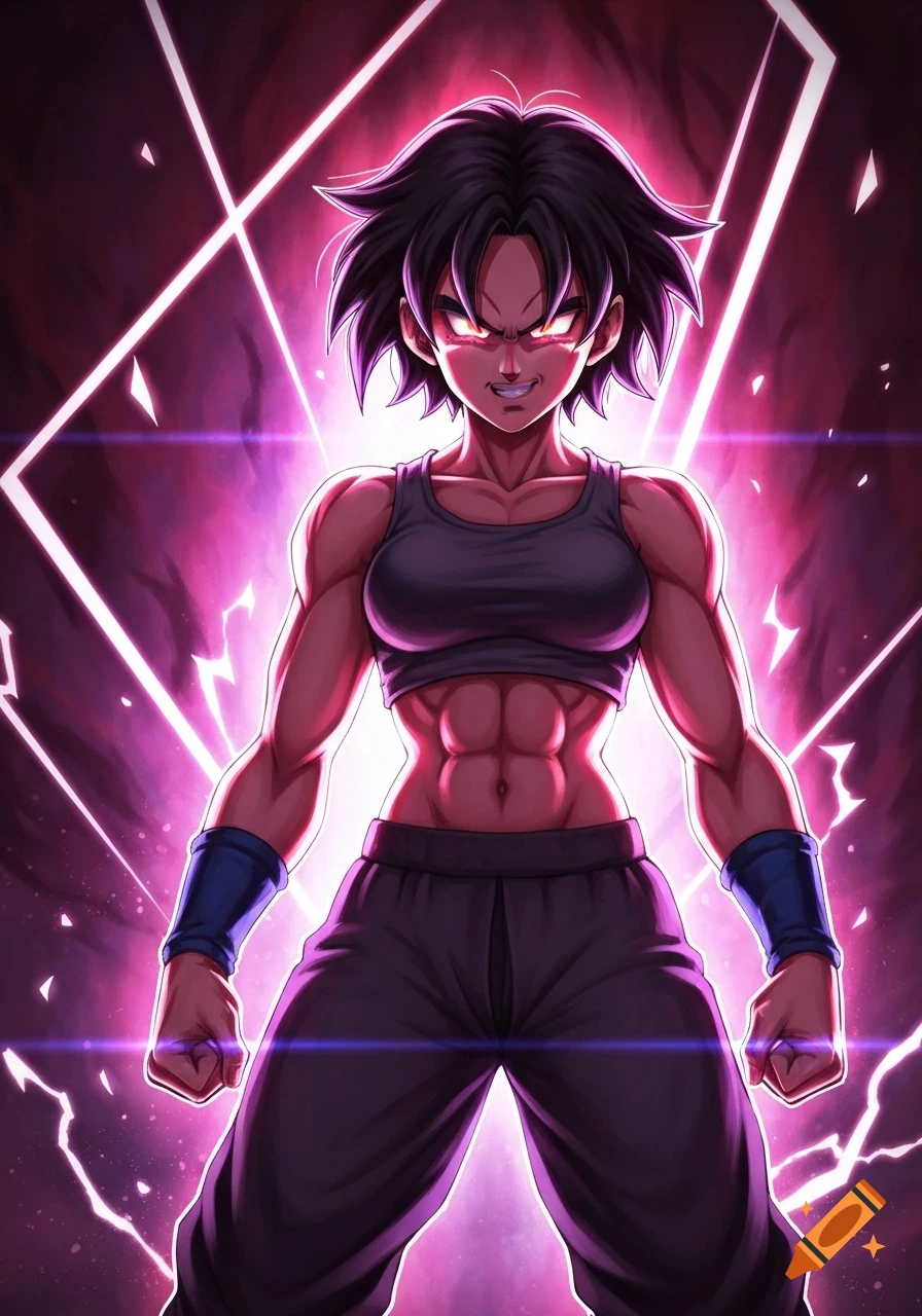 An intense female Saiyan character with short black hair and a muscular build, glowing with purple energy in an anime style.