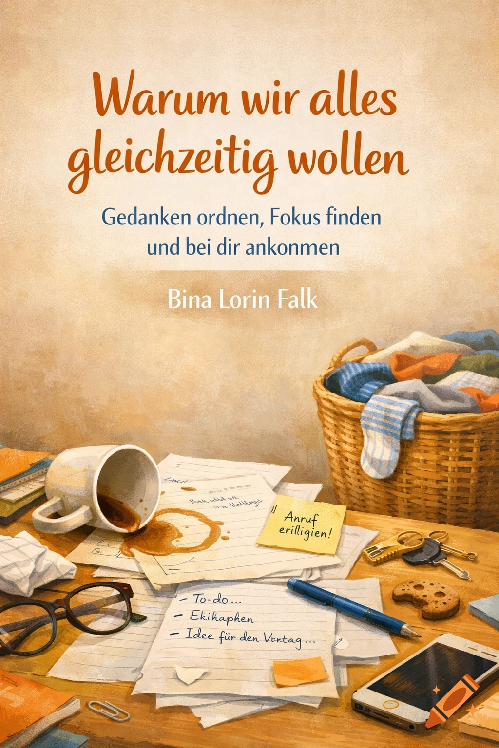 An illustrated audiobook cover shows a messy desk with a spilled coffee cup, scattered notes, a phone, glasses, keys, and a laundry basket with a sock hanging out. The cover text reads "Warum wir alles gleichzeitig wollen" and "Gedanken ordnen, Fokus finden und bei dir ankommen" by "Bina Lorin Falk".