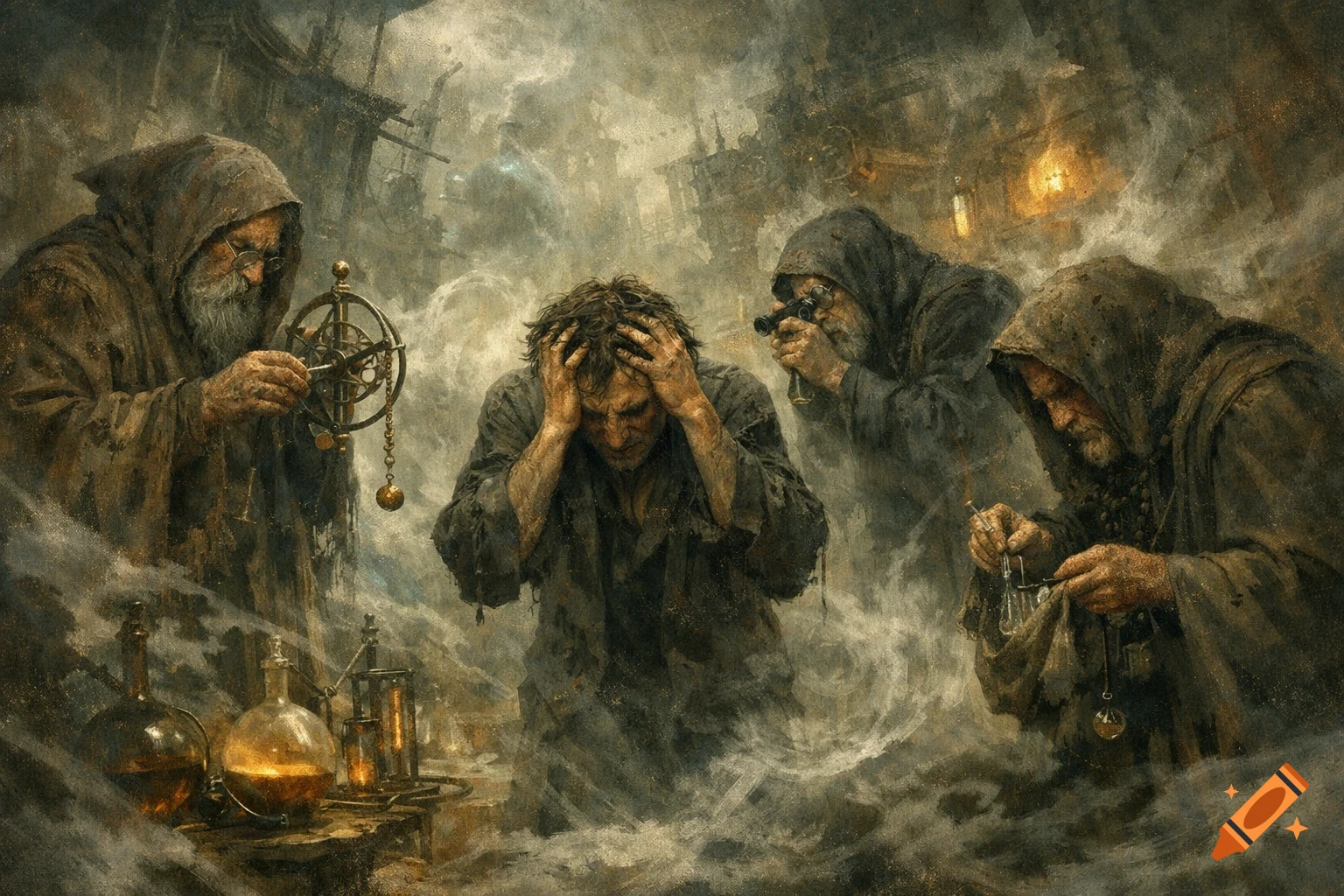 Dark fantasy painting of four robed figures in a smoky lab, one distressed, surrounded by alchemical instruments.