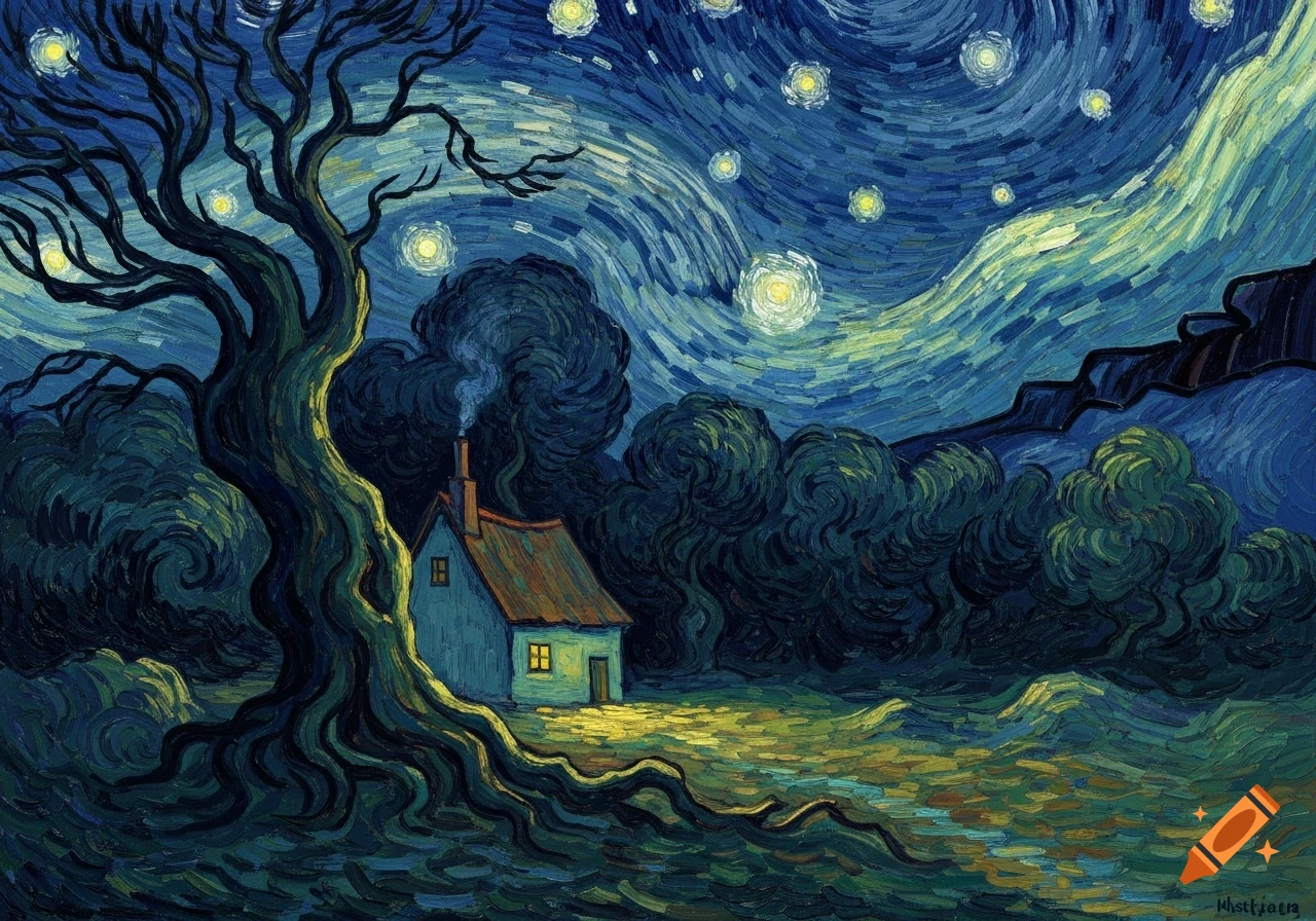 Van Gogh style painting of a small house and a large tree under a swirling, starry night sky in a dark forest.