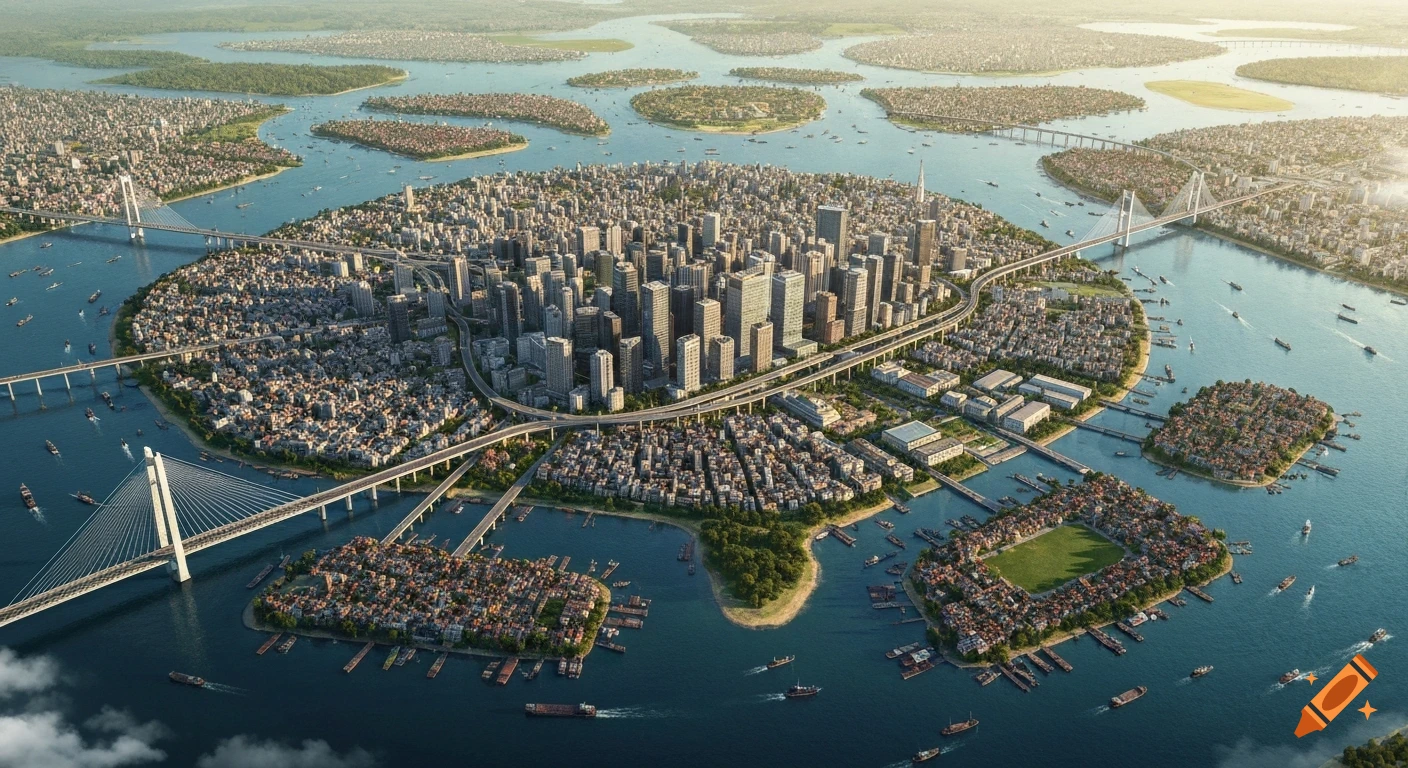 Aerial view of a sprawling island city with a central high-rise district, surrounded by smaller islands, connected by multiple cable-stayed bridges over blue water.