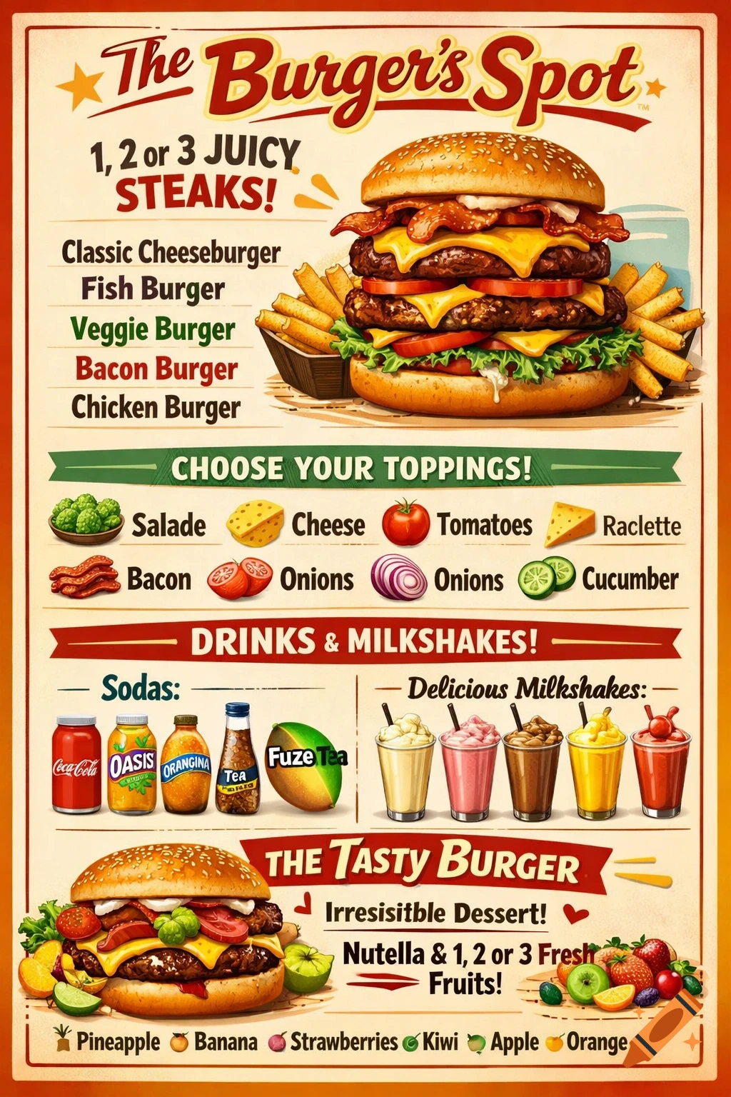 A vintage-style burger menu poster with illustrations of a triple-decker burger, milkshakes, sodas, and various toppings and fruit.