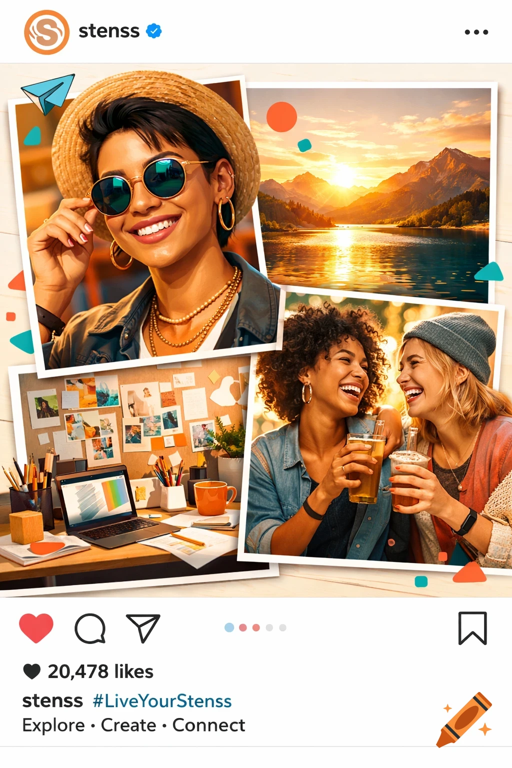 An Instagram-style collage featuring a smiling woman in sunglasses, a mountain lake sunset, two women toasting, and a creative desk.
