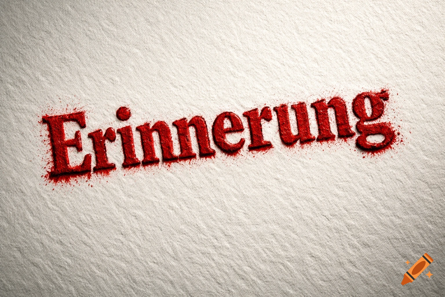 The word "Erinnerung" (memory) stamped in red on a textured white background, with a subtle splatter effect.