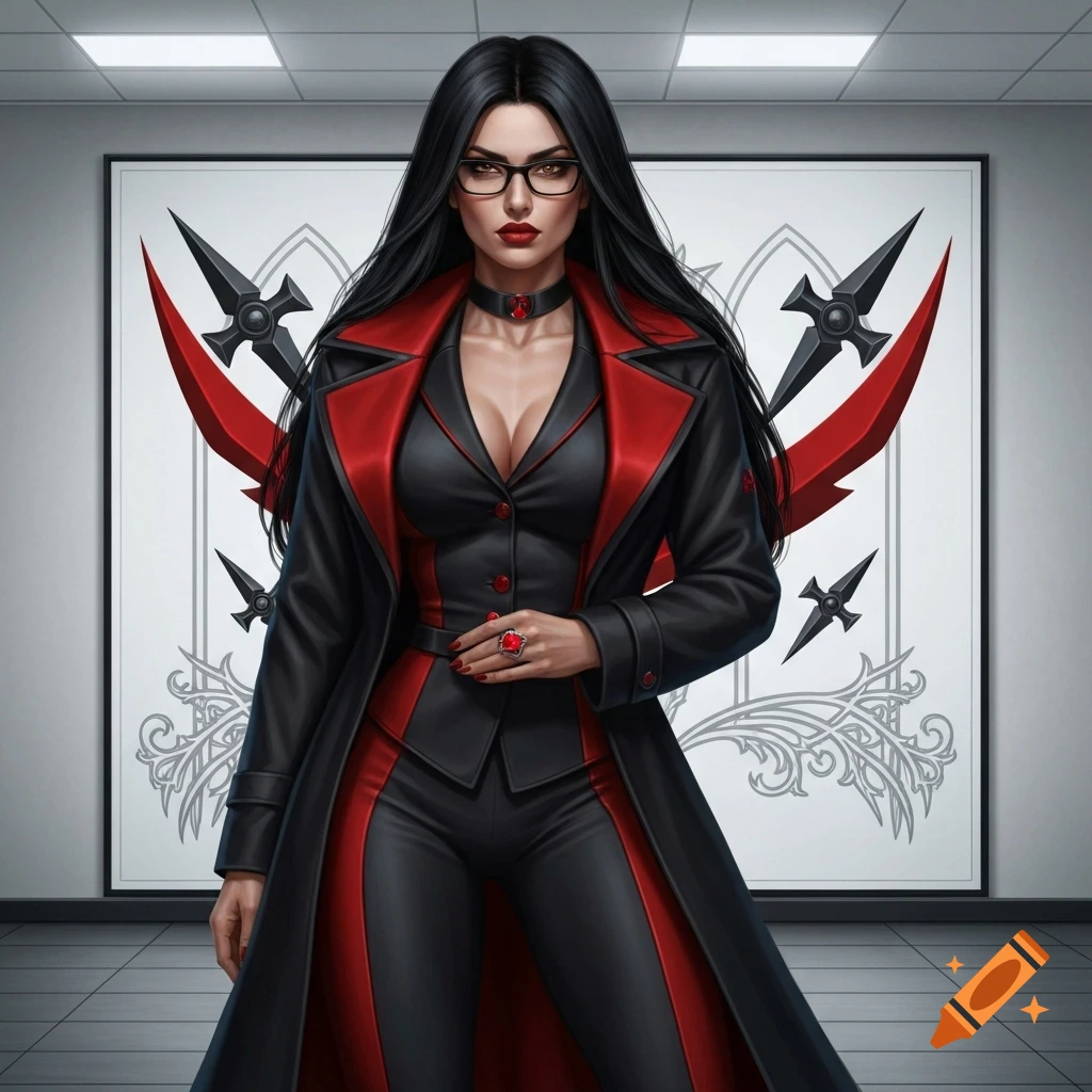 A dark-haired woman in glasses, wearing a black and red suit and overcoat, stands in a boardroom with a gothic-designed wall.