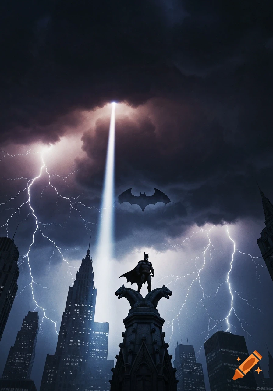Batman stands atop a gothic building in a stormy city at night, illuminated by lightning and the Bat-Signal.