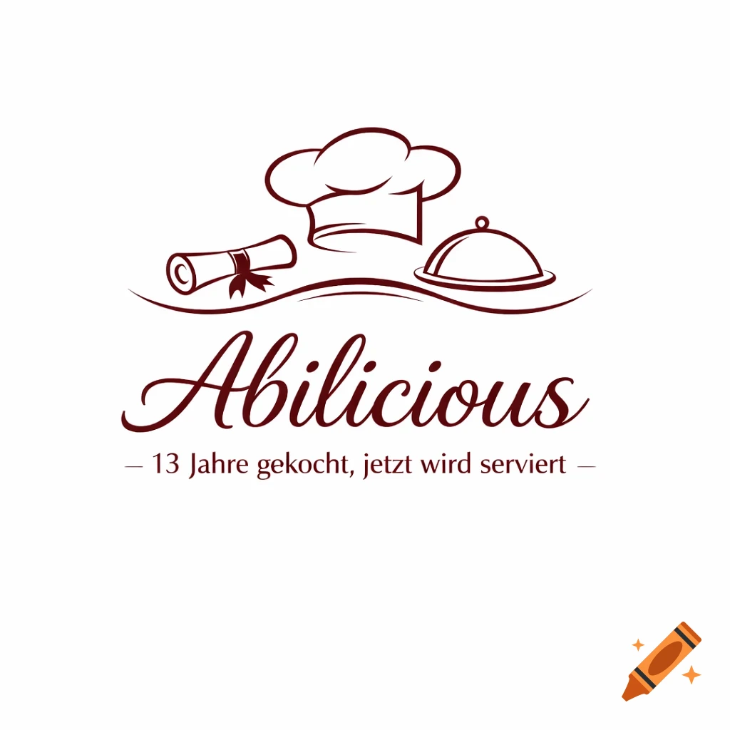 A minimalist logo featuring a chef's hat, a rolled diploma, and a covered serving cloche above the text "Abilicious - 13 Jahre gekocht, jetzt wird serviert" in dark red outlines on a white background.