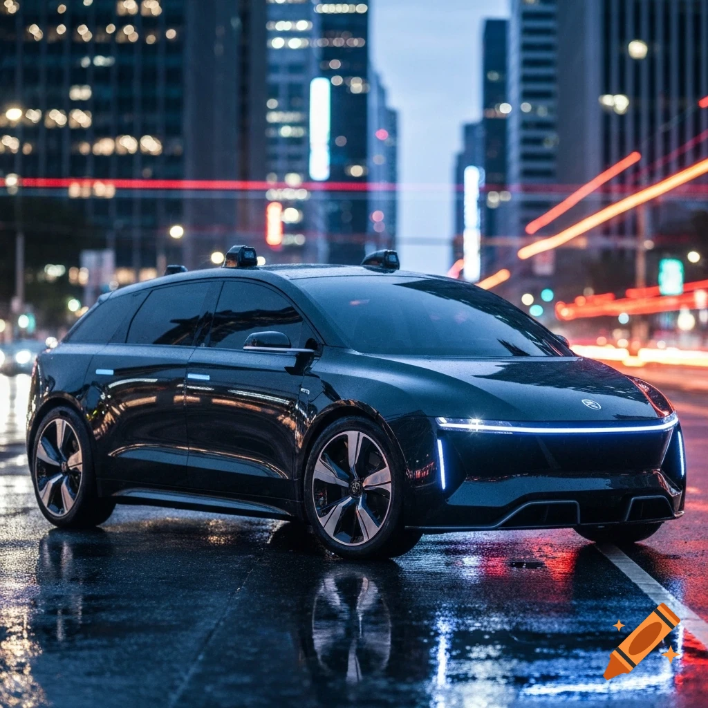 A dark futuristic autonomous car with glowing blue lights on a wet city street at night, with blurred city lights in the background.