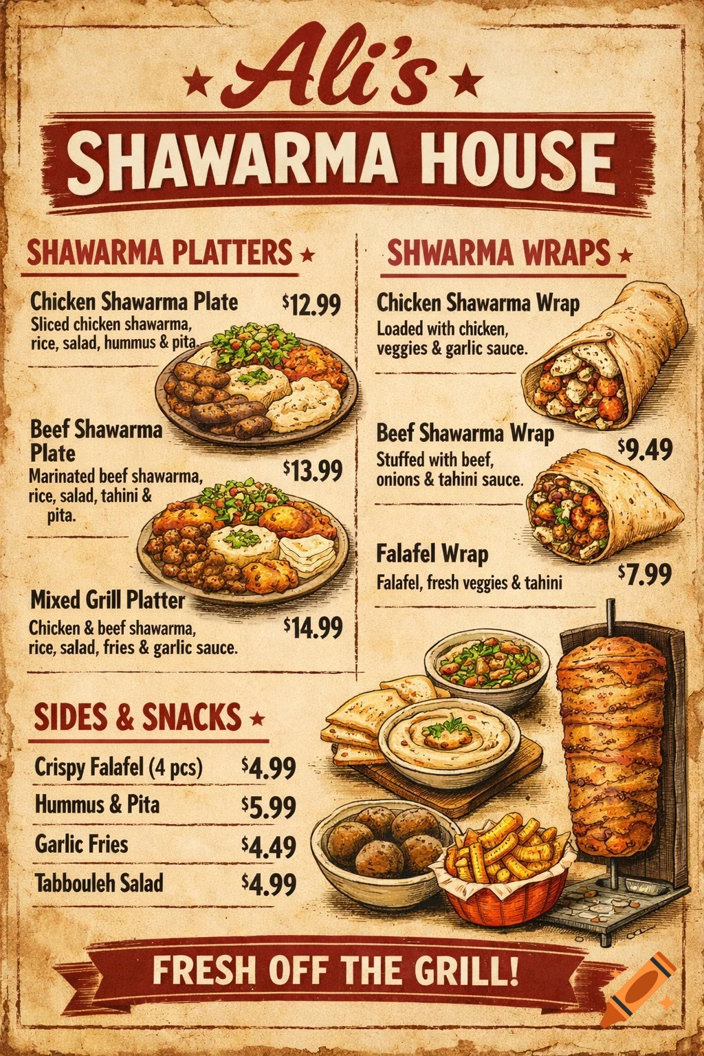 A vintage-style illustrated menu for Ali's Shawarma House, featuring platters, wraps, sides, and snacks like falafel, hummus, and a vertical rotisserie of shawarma meat.
