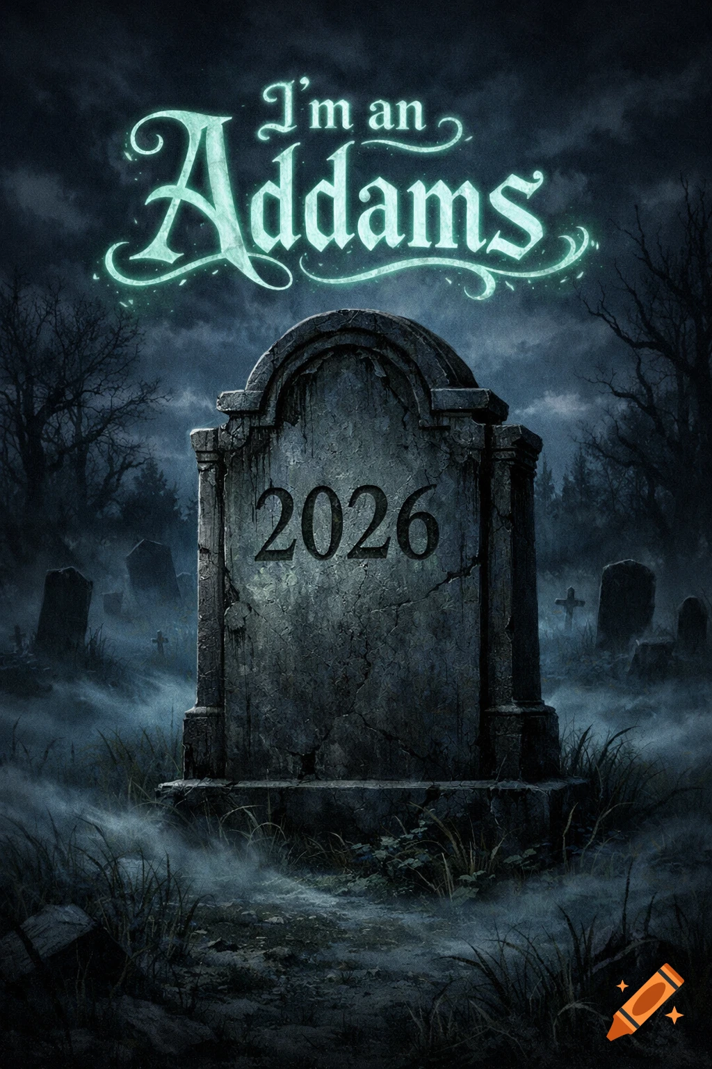 Gothic tombstone with '2026' in a misty graveyard at night, 'I'm an Addams' glowing above.