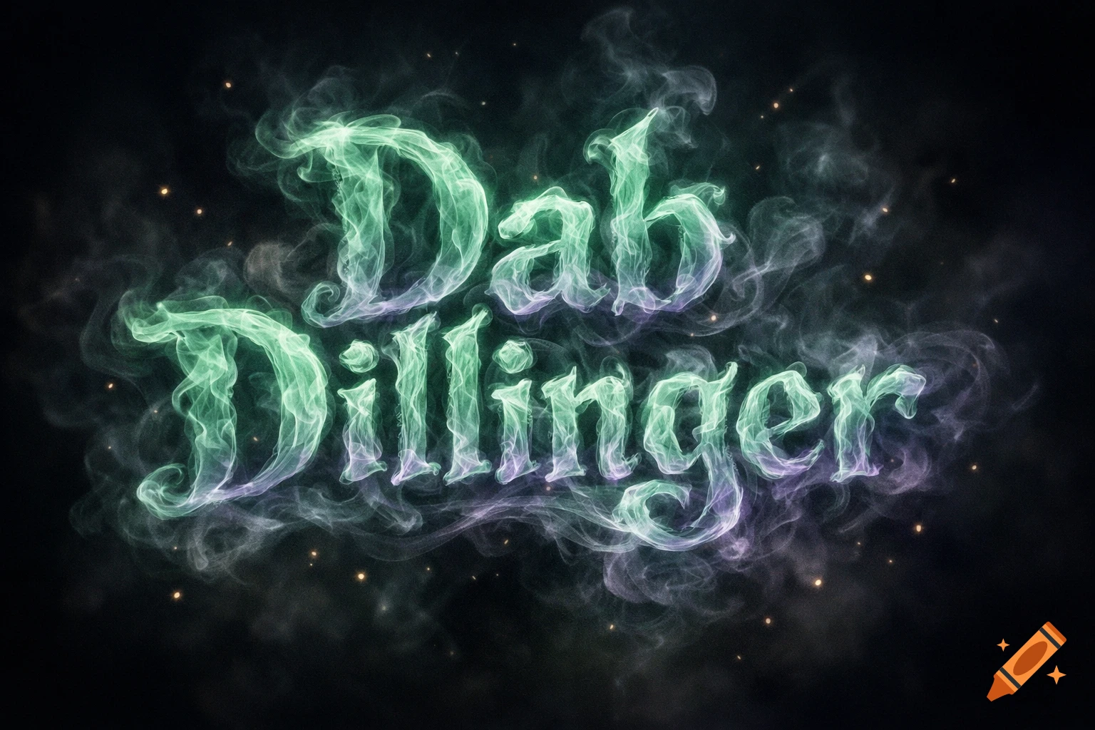 The name 'Dab Dillinger' rendered in glowing green and purple smoke with small light specks on a dark background.