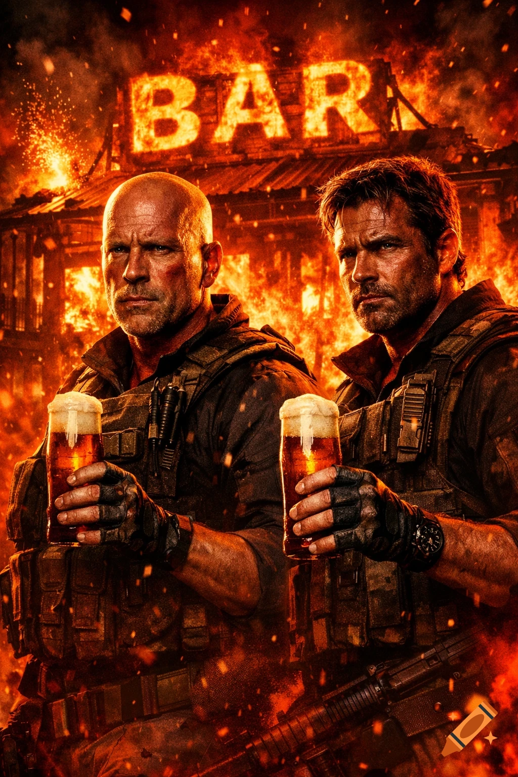 Two action heroes in military gear hold beers in front of a burning bar, depicted in a dramatic, photorealistic movie poster style.
