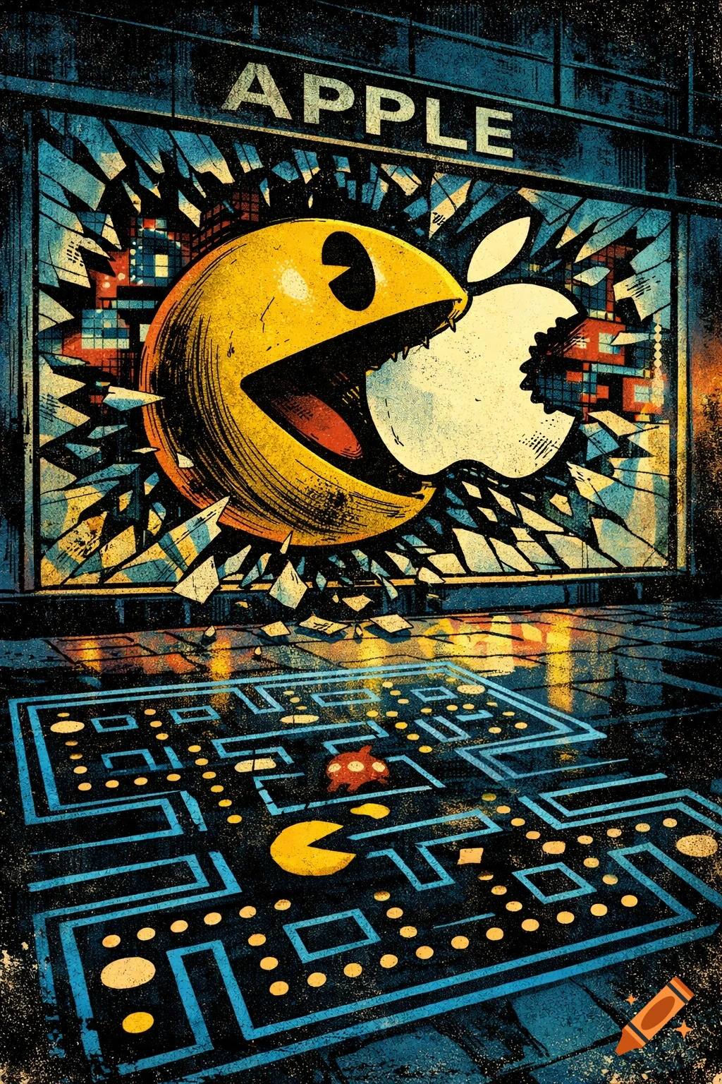 Stylized illustration of Pac-Man eating a bitten Apple logo on a shattered screen, with a Pac-Man maze on the floor.