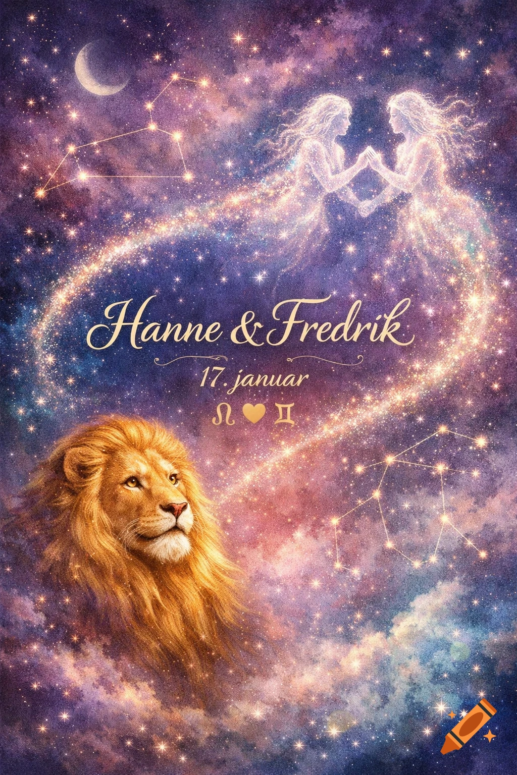 A romantic astrological poster with a golden lion and two ethereal figures made of light in a cosmic night sky. The text reads "Hanne & Fredrik, 17. januar" with zodiac symbols. Watercolor and digital painting style.