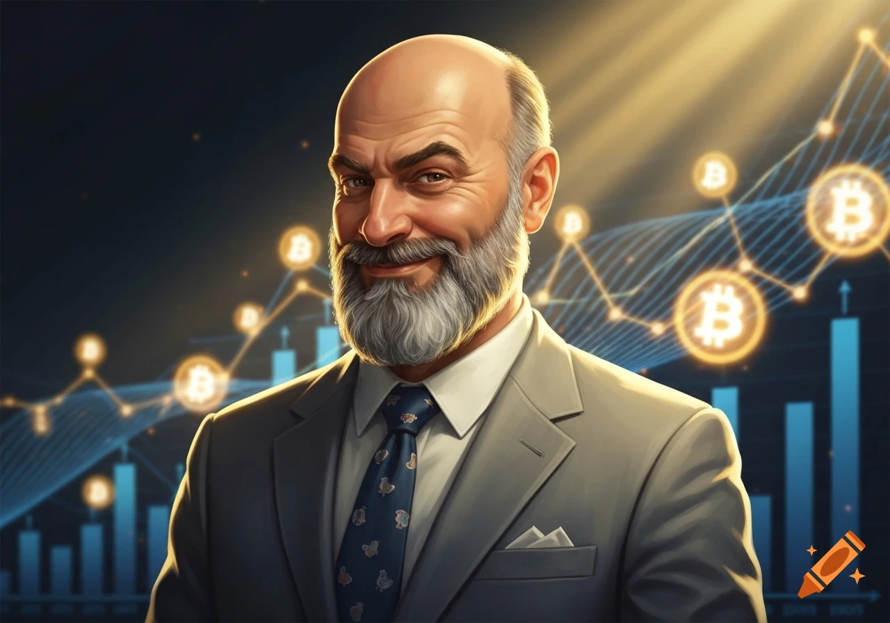 Smiling bald man with a grey beard in a suit, against a glowing financial graph background with Bitcoin symbols. Digital illustration.
