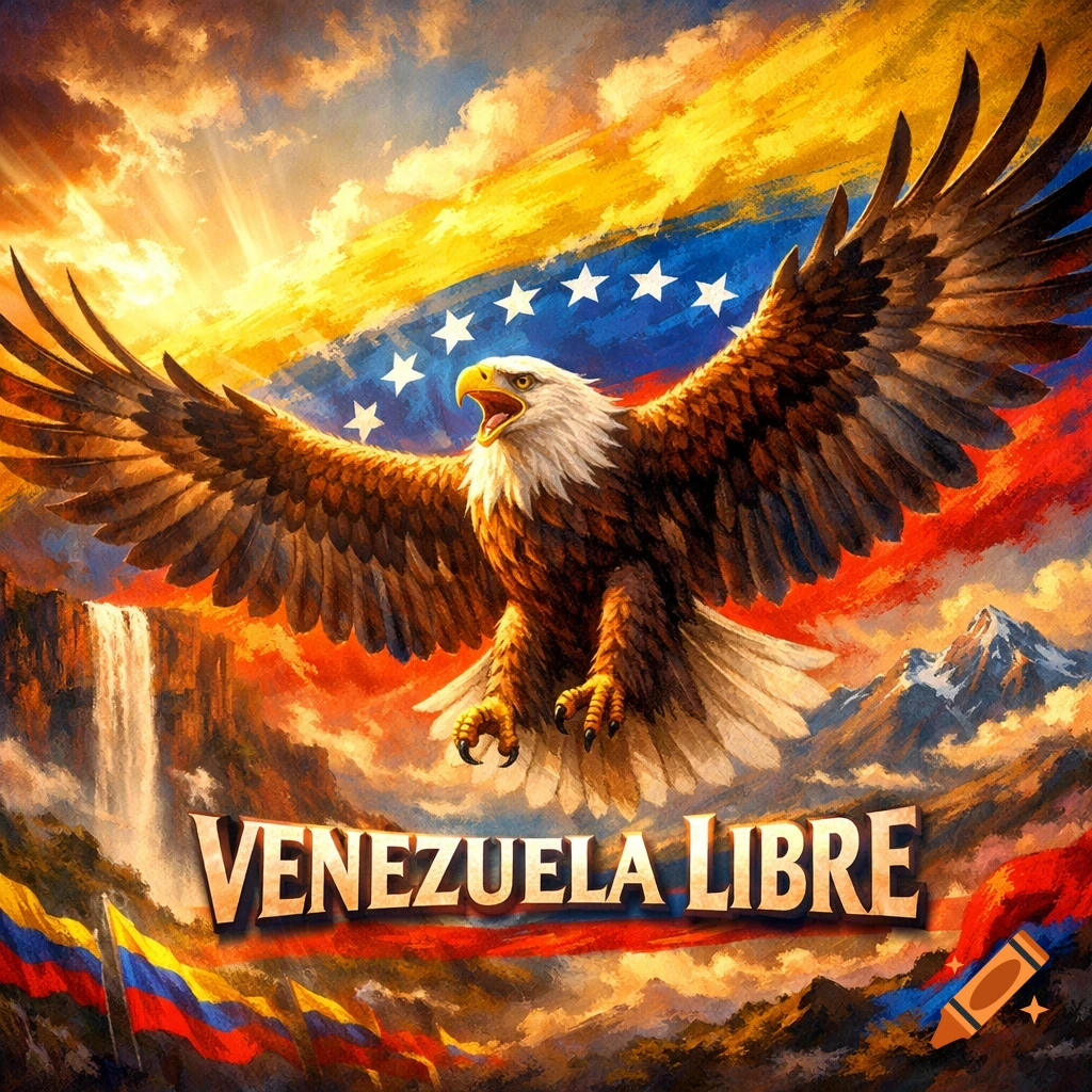 A majestic bald eagle soars over a dramatic landscape with mountains, waterfalls, and a vibrant Venezuelan flag, with 'VENEZUELA LIBRE' text.